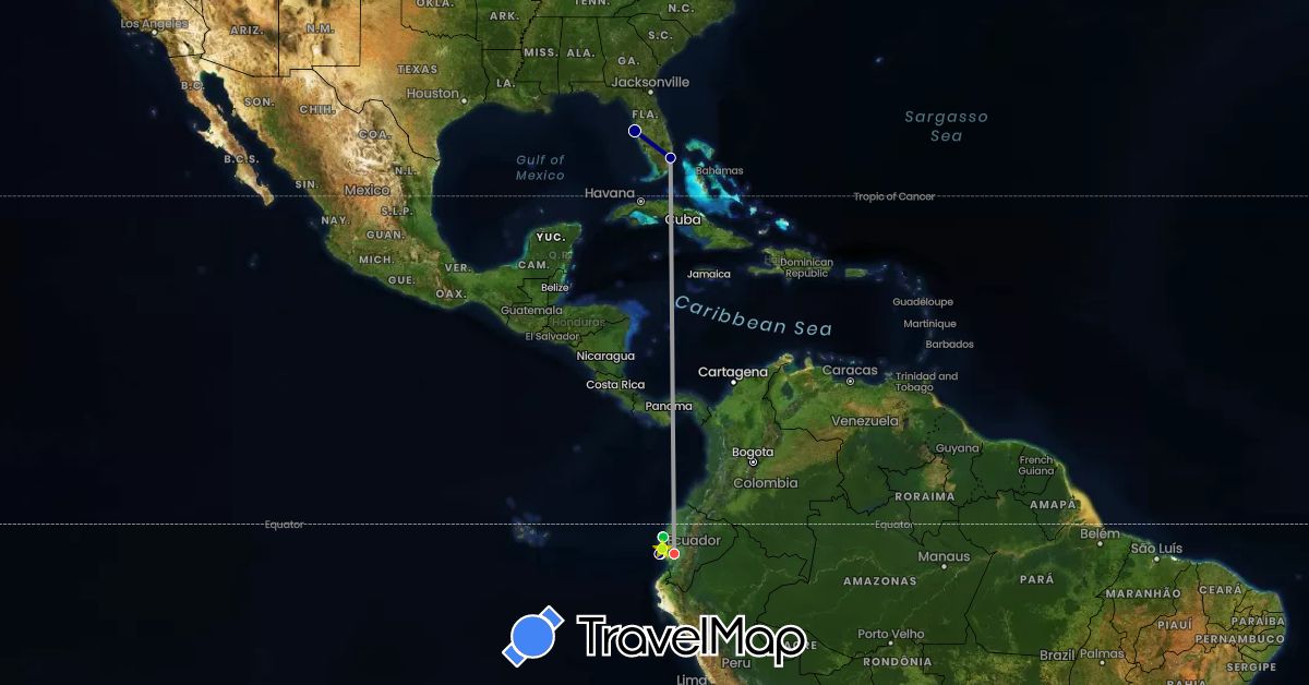 TravelMap itinerary: driving, bus, plane, hiking in Ecuador, United States (North America, South America)